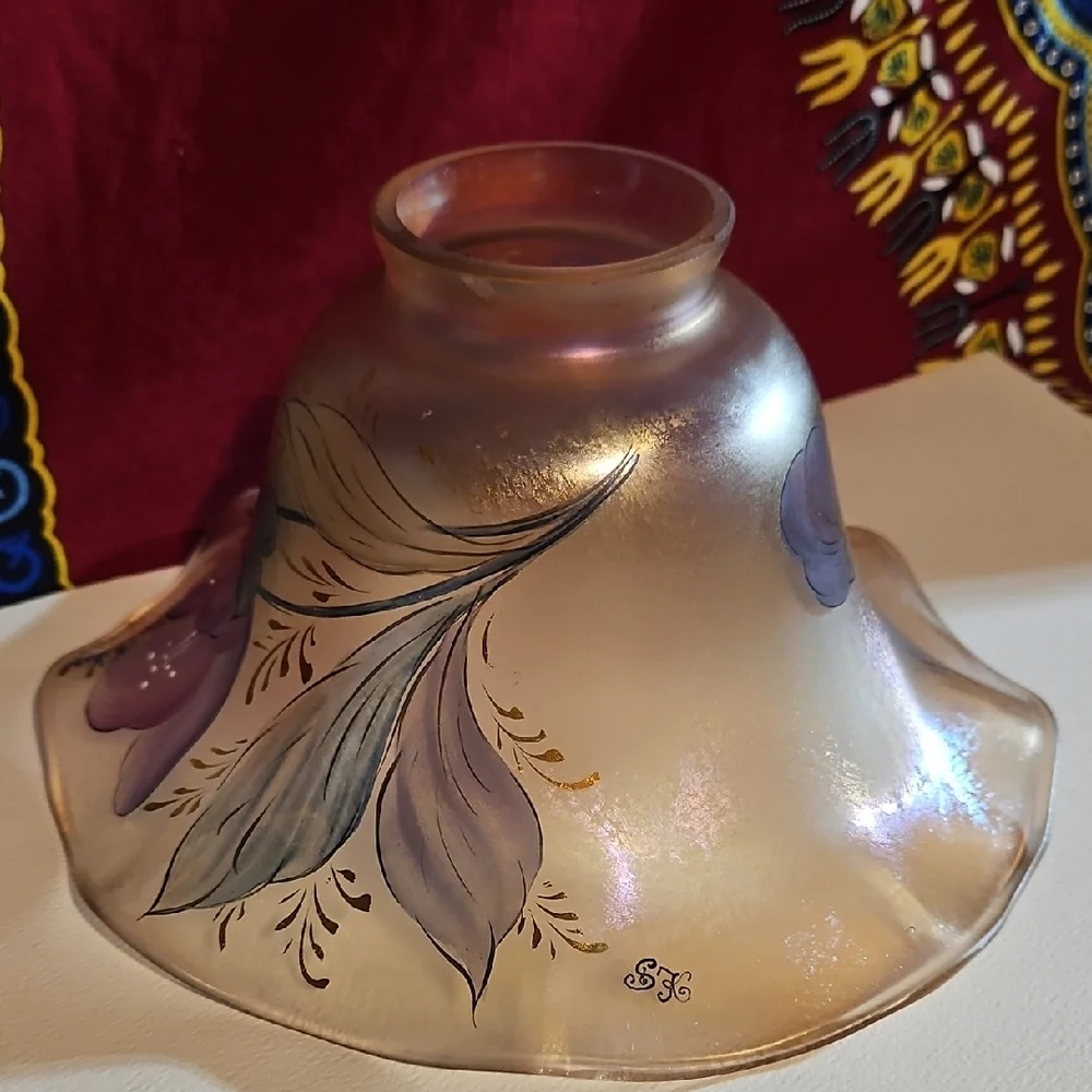 Signed Iridescent Floral Art Nouveau Hand Painted Lustre Ruffled Glass Shade